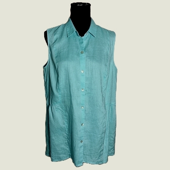 J. Jill Love Linen Sleeveless Collared  Button Up Front Pleated Hem Blouse - Picture 1 of 6